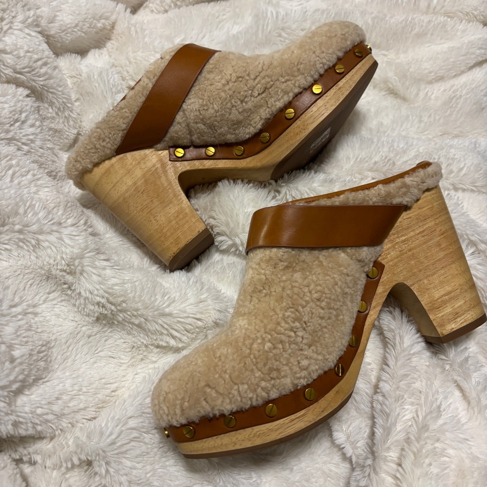 Veronica Beard Cream Shearling Clogs with Brown Leather